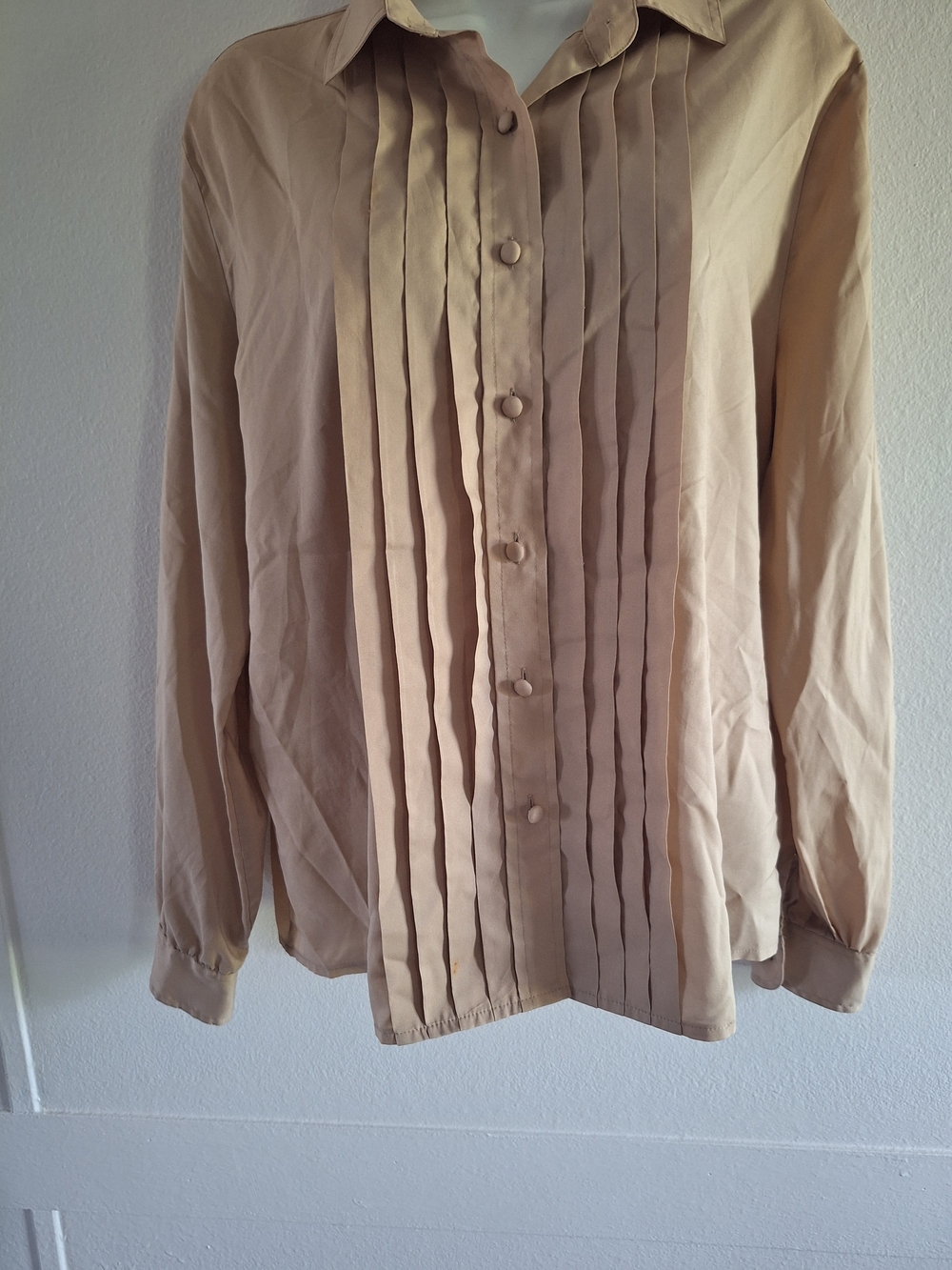 Women's Pleated Front Long-Sleeve Blouse - Beige